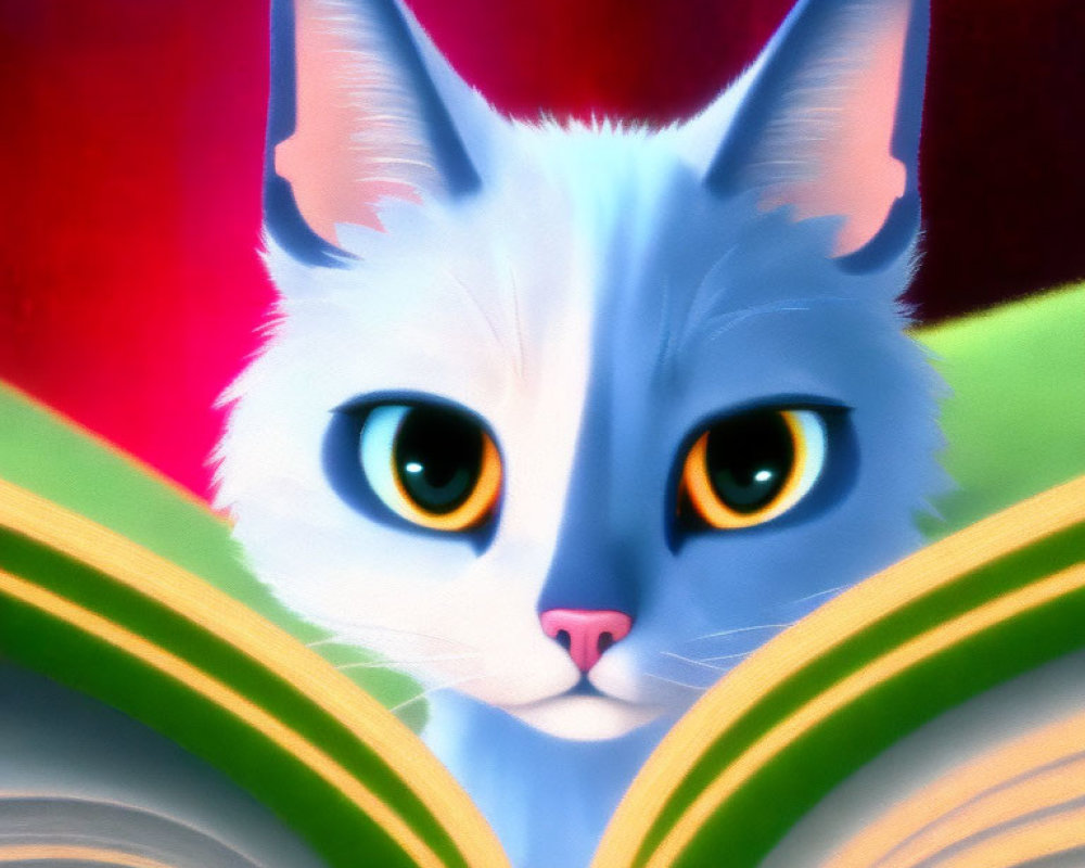 Blue and White Cat with Yellow Eyes Peering Over Open Book on Red Background