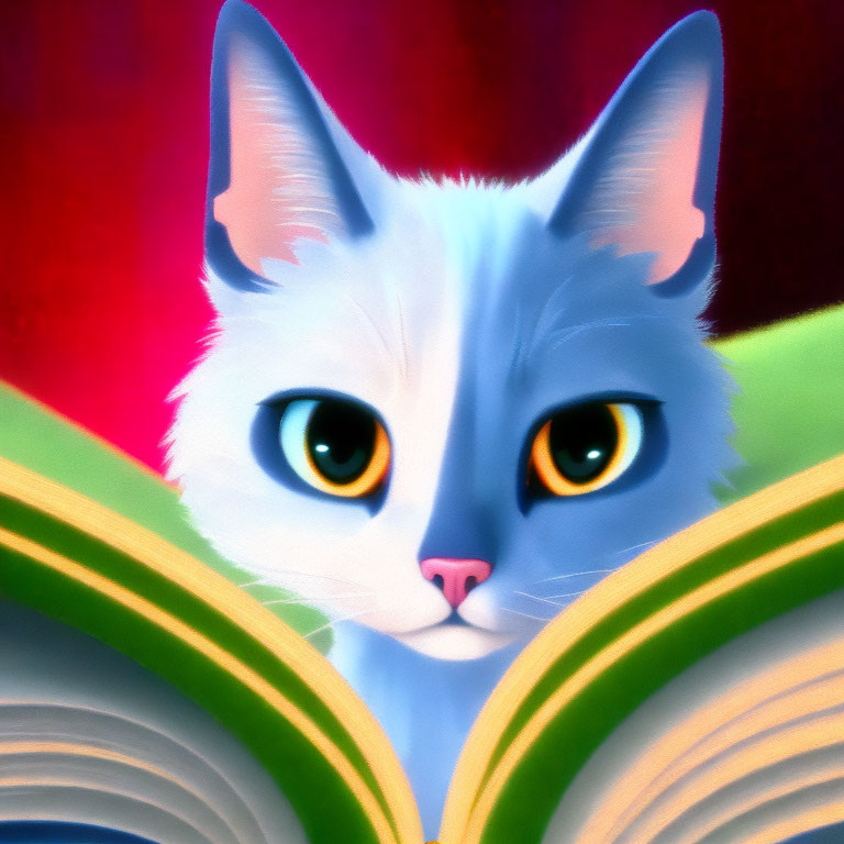 Blue and White Cat with Yellow Eyes Peering Over Open Book on Red Background