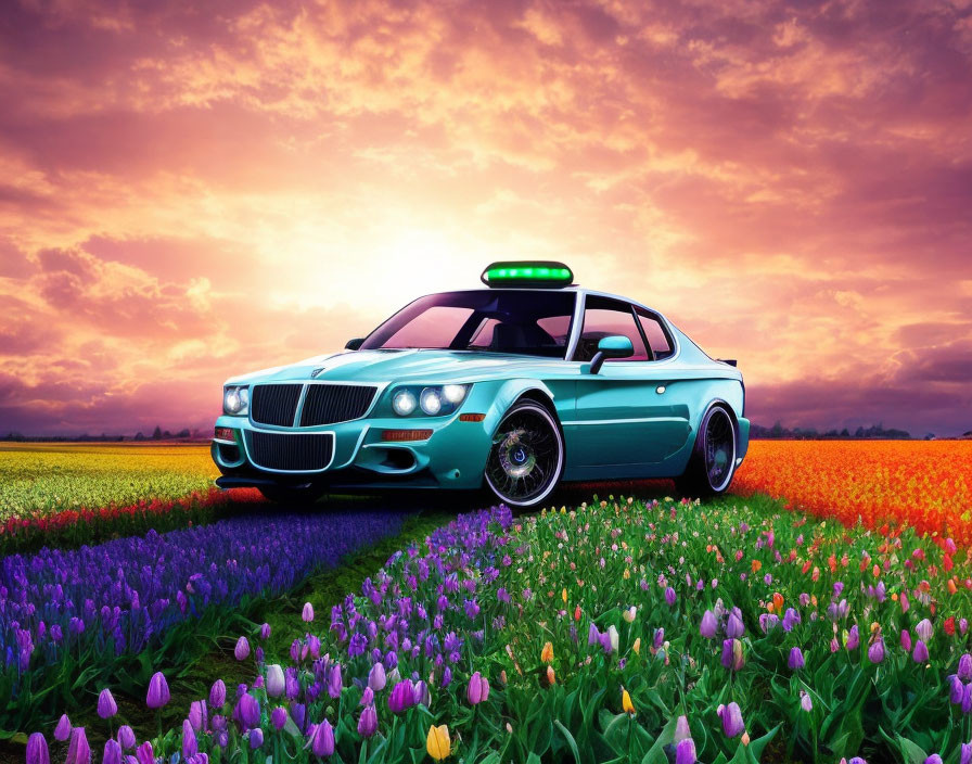 Stylized car in colorful tulip field at sunset