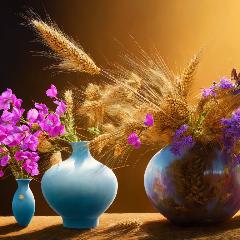 Ceramic vases with wheat ears and purple flowers on wooden surface in warm golden setting