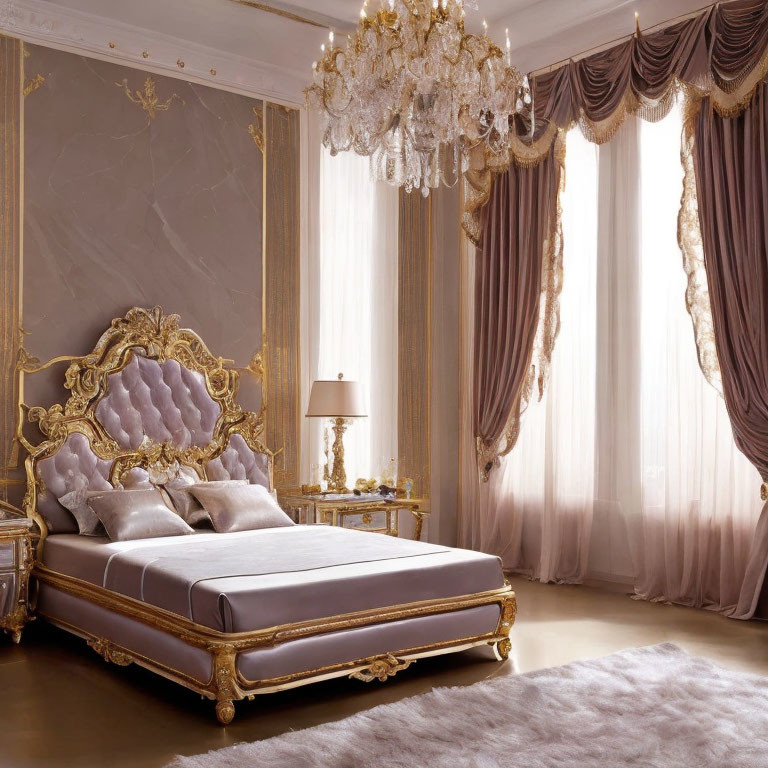 Luxurious bedroom with gold-trimmed bed, tufted headboard, grand chandelier,