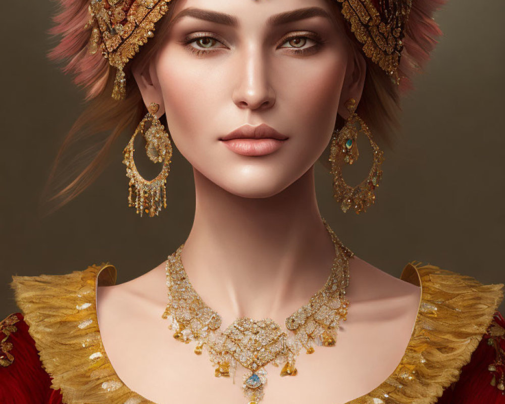 Woman portrait with gold and gemstone headdress on reddish backdrop