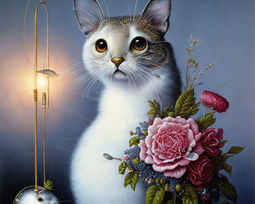 Surreal painting featuring cat with elongated neck, pocket watch, and rose bouquet