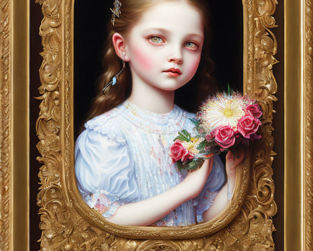 Realistic painting of a girl with pale skin and rosy cheeks holding pink flowers in ornate golden