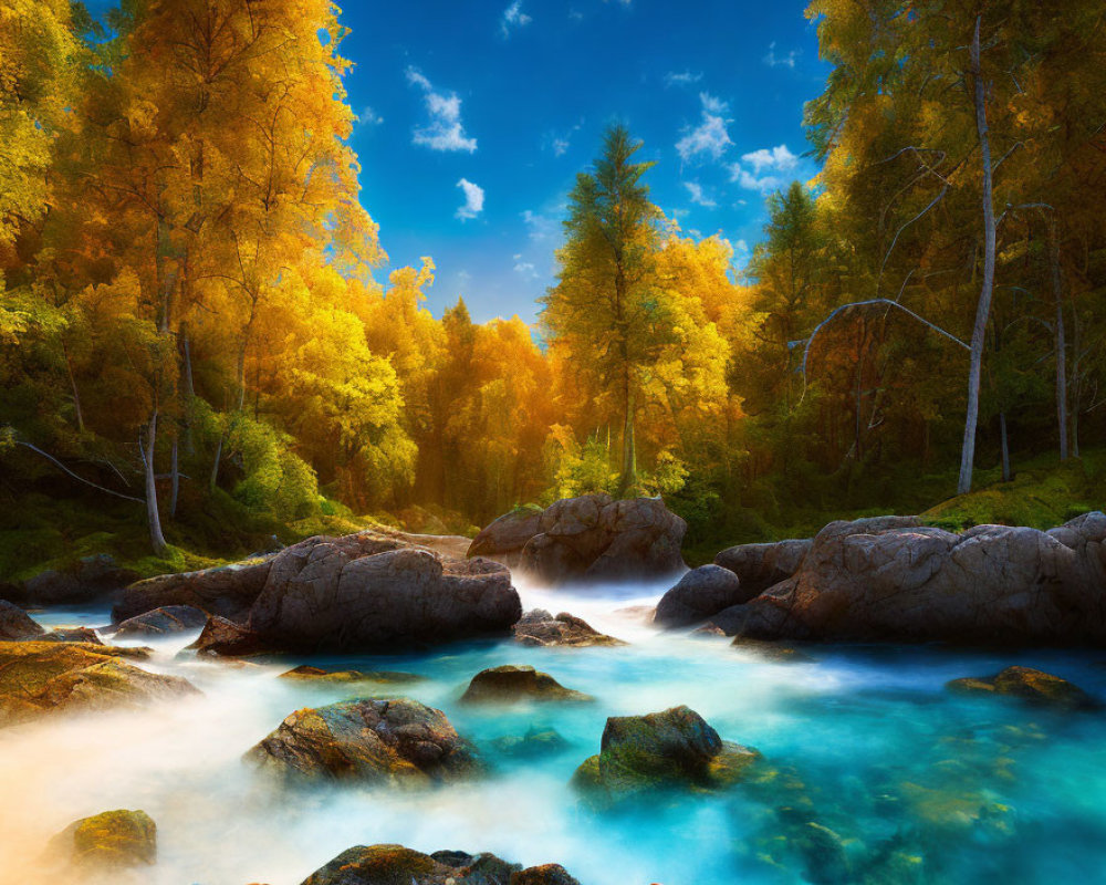 Tranquil stream in vibrant autumn forest with sunlight and rocks