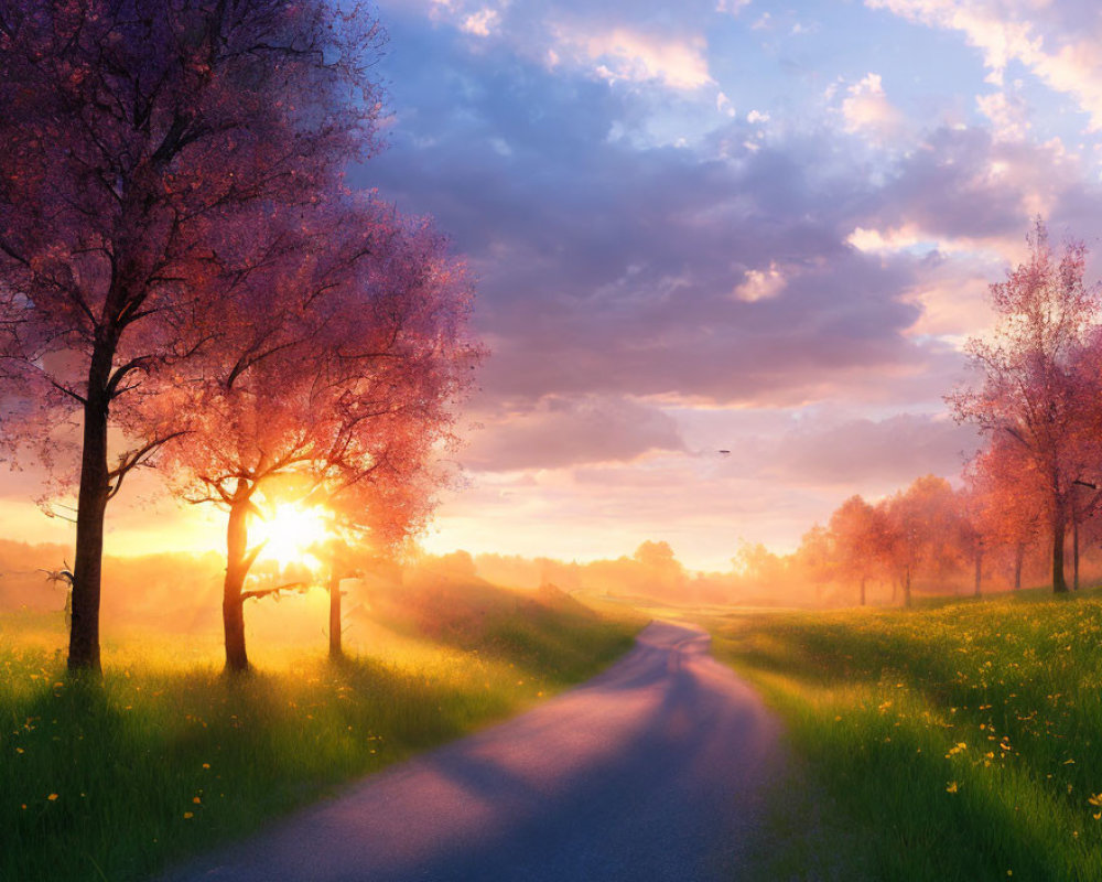 Tranquil Spring Evening: Sunset on Country Road with Pink Trees and Wildflowers