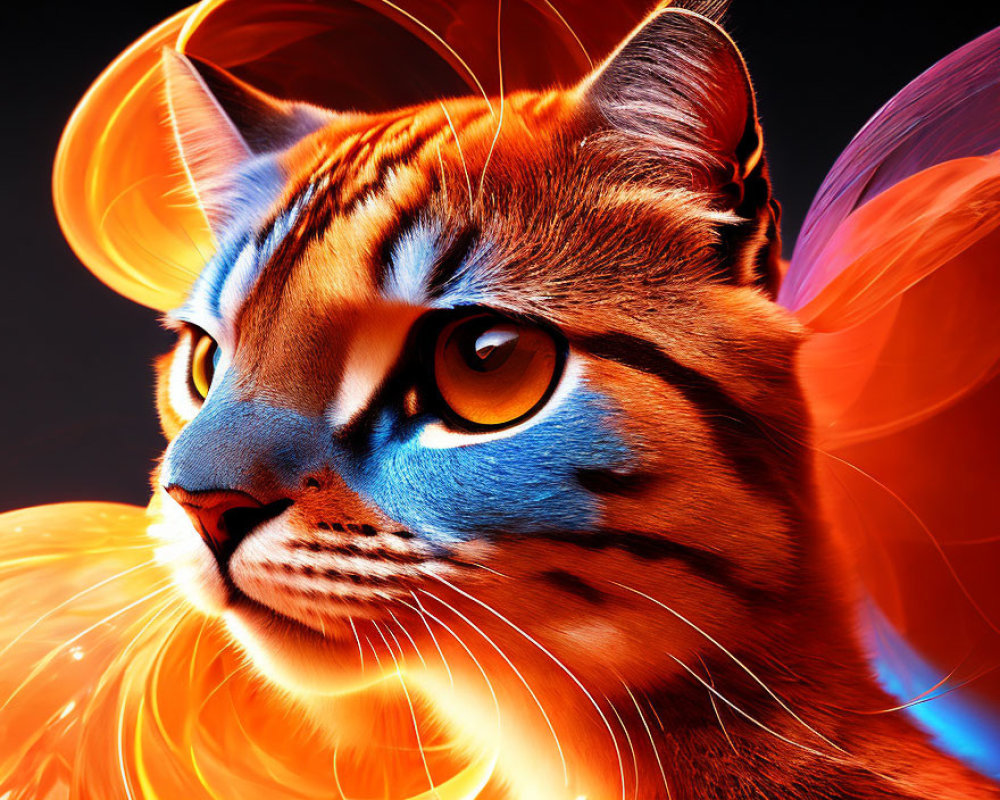 Colorful digital artwork of tiger with blue eyes and orange petals on dark background