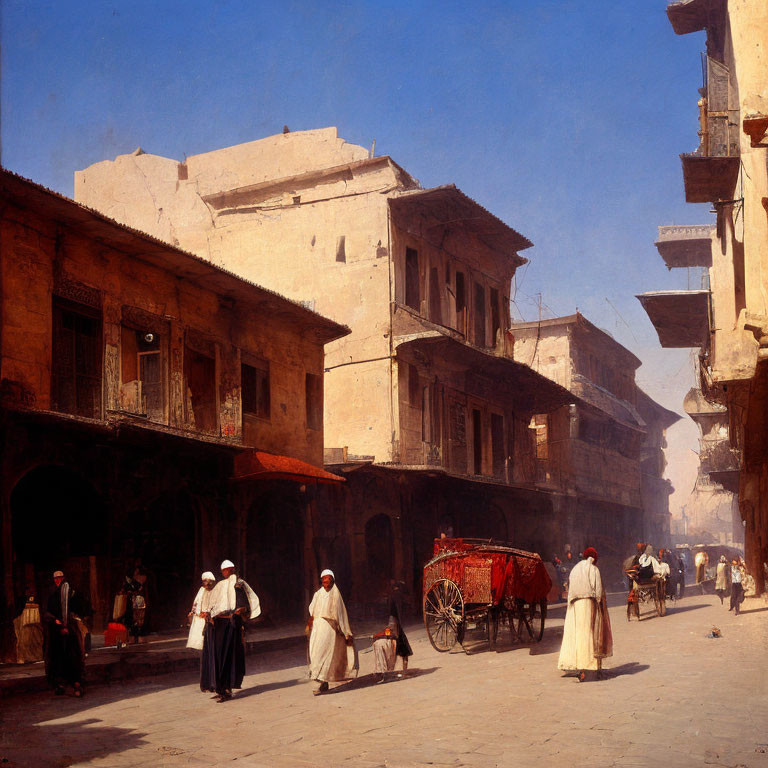 Historic Middle Eastern town street with people, horse-drawn cart, and traditional architecture
