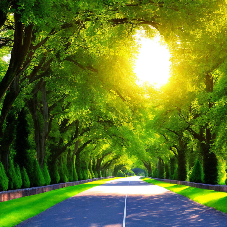 Sunlit road with lush green tree tunnel and glowing sun at end