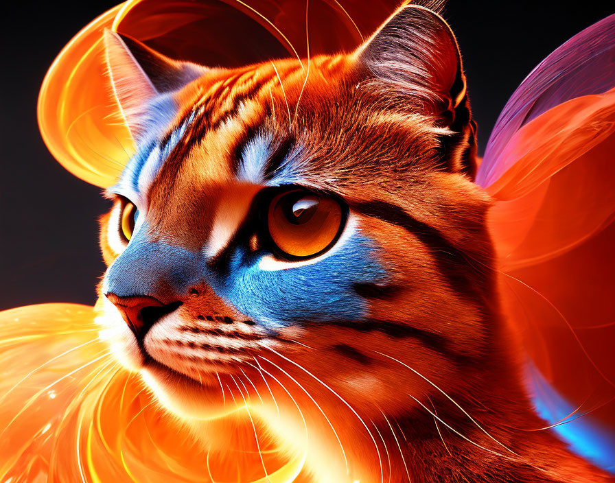 Colorful digital artwork of tiger with blue eyes and orange petals on dark background