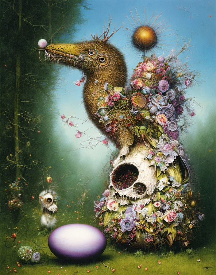 Surreal creature with skull base, floral adornments, furry neck, bird-like head, and