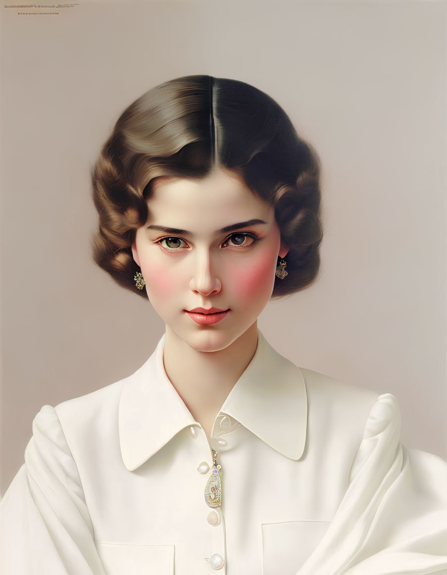 Portrait of Woman with Vintage Hairstyle, Green Eyes, and Gold Jewelry