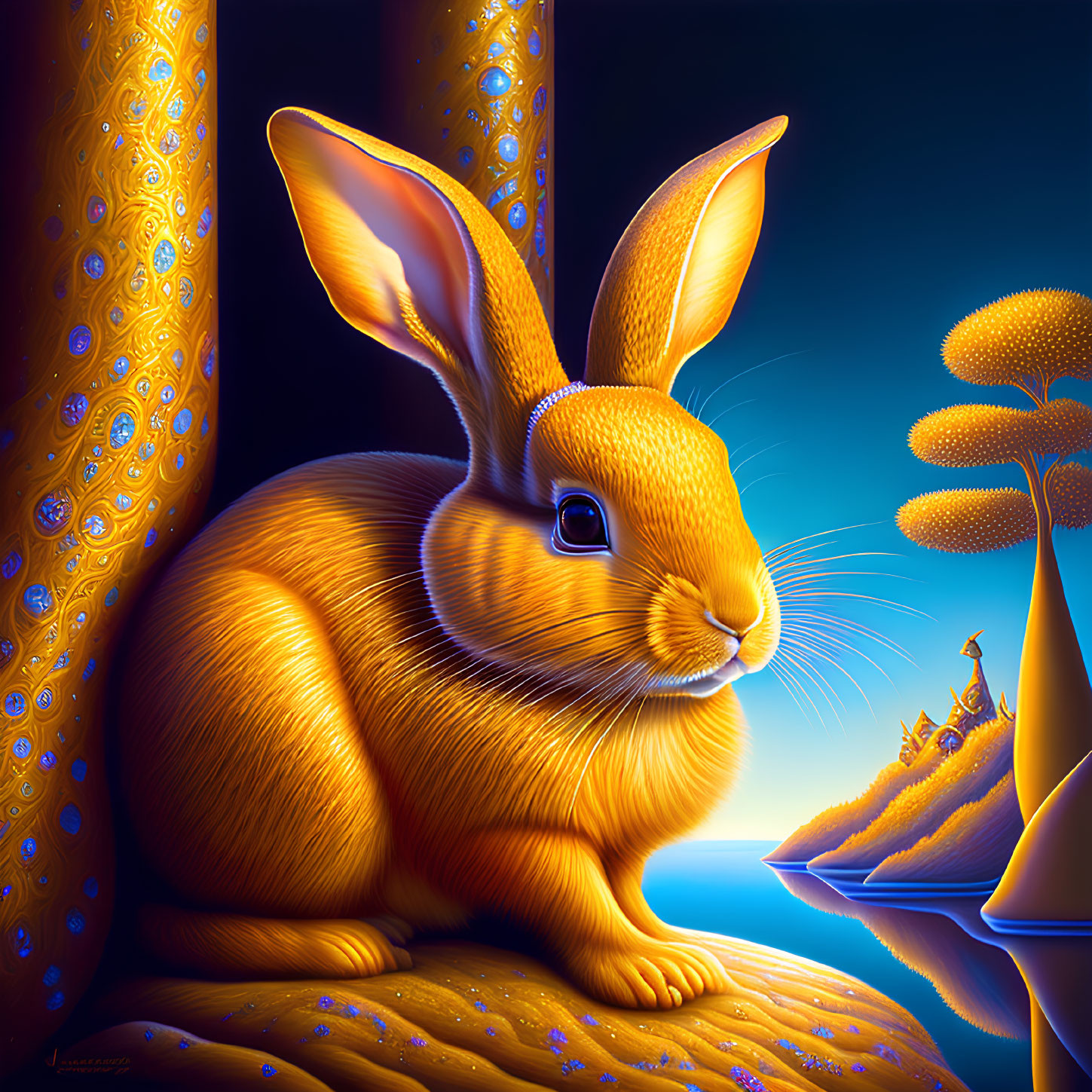 Golden Rabbit Painting with Luminous Fur and Moonlit Landscape