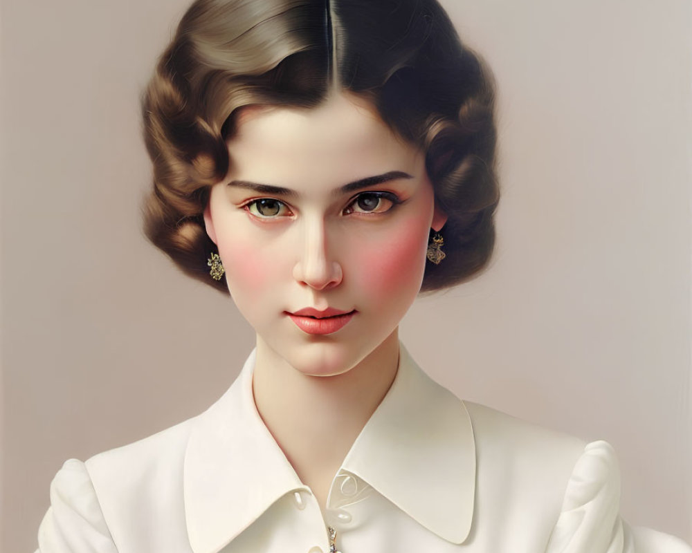 Portrait of Woman with Vintage Hairstyle, Green Eyes, and Gold Jewelry