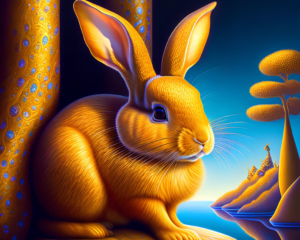 Golden Rabbit Painting with Luminous Fur and Moonlit Landscape