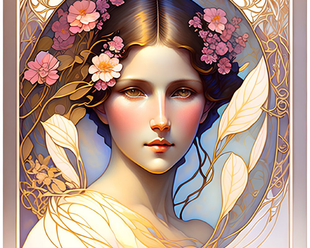 Stylized art nouveau portrait with flowers and gold leaves in warm tones