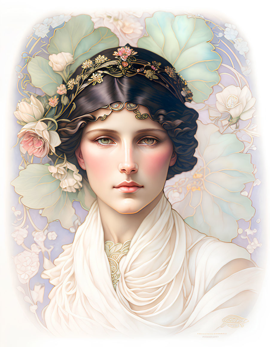 Illustration of woman with dark curly hair and floral headpiece among white flowers