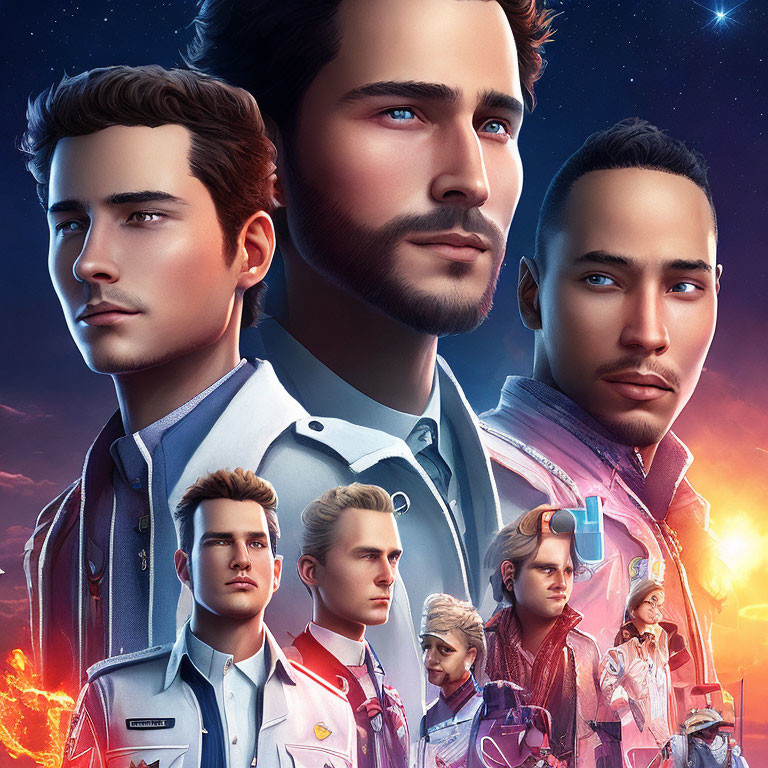 Four Diverse Male Characters in Futuristic Uniforms with Space Background