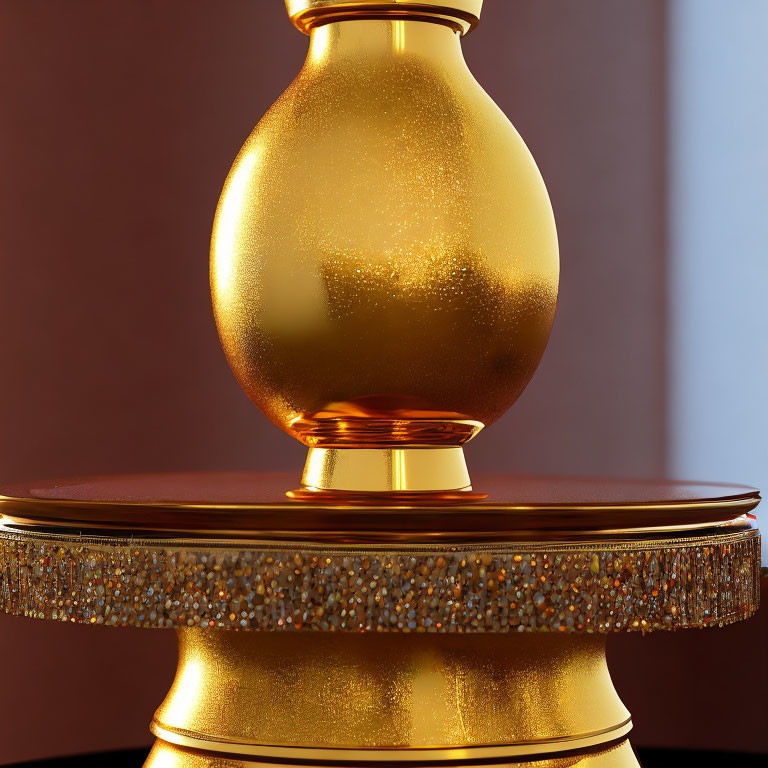 Golden Textured Vase on Ornate Pedestal Against Burgundy Backdrop