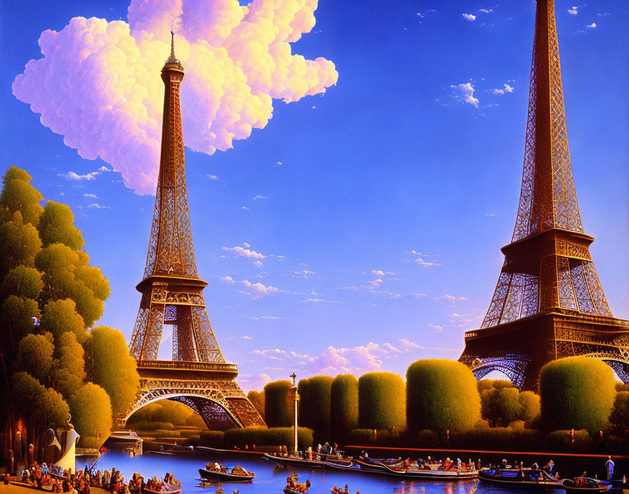 Eiffel Tower painting with blue sky, Seine River, and green trees