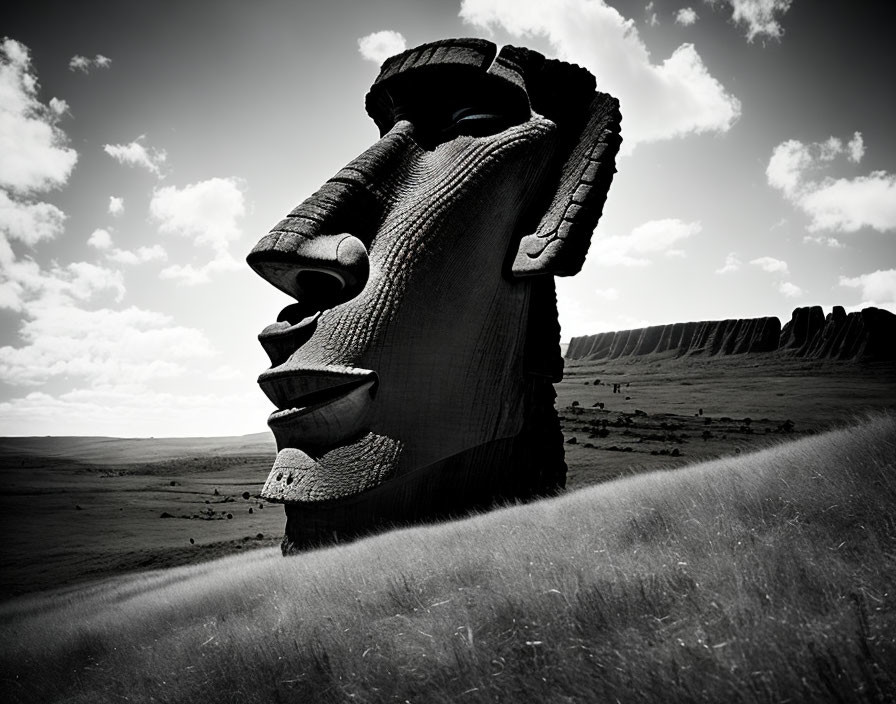 Intricate Giant Stone Head Sculpture in Grassy Landscape