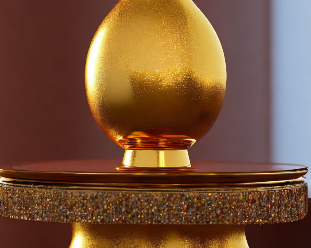 Golden Textured Vase on Ornate Pedestal Against Burgundy Backdrop