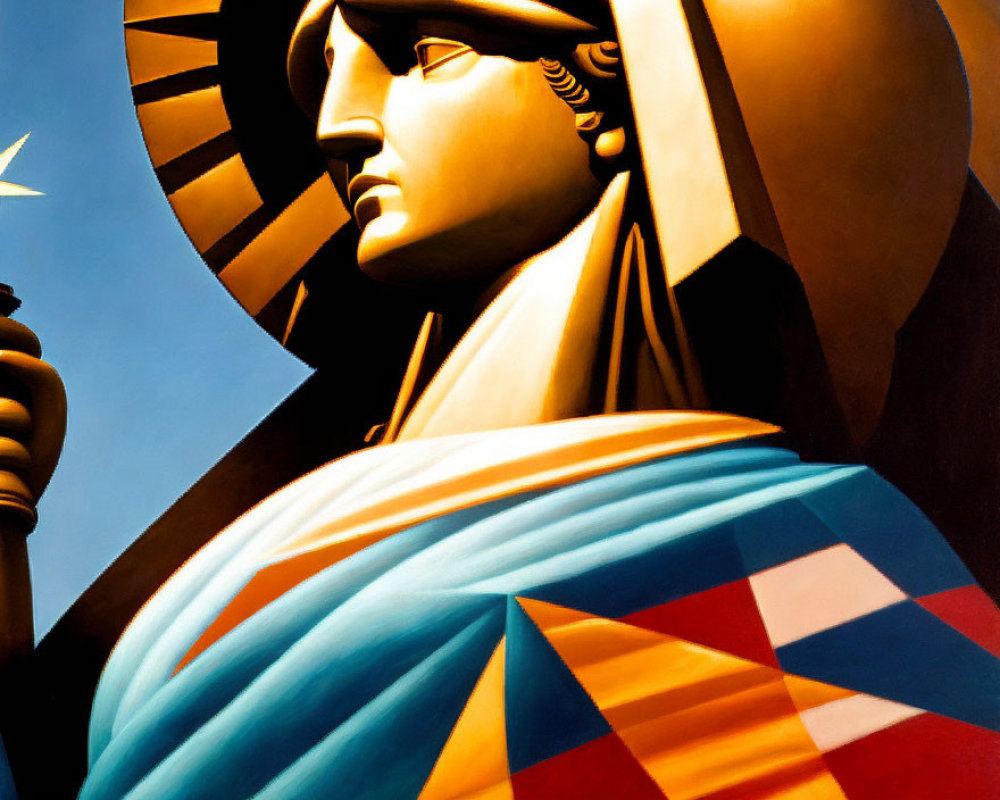 Statue of Liberty head and shoulder in vibrant colors & geometric shapes
