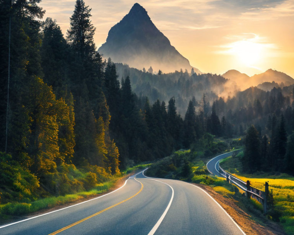 Scenic winding road to forest and mountain peak at sunrise