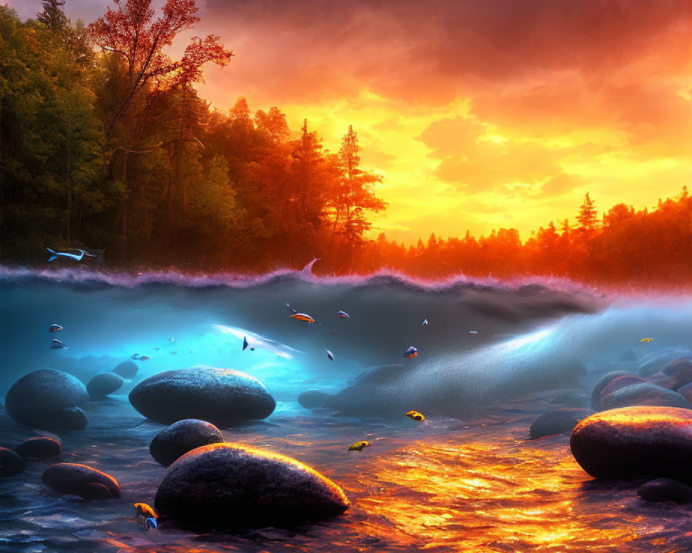 Scenic River Landscape with Glowing Blue Waves and Fiery Sunset