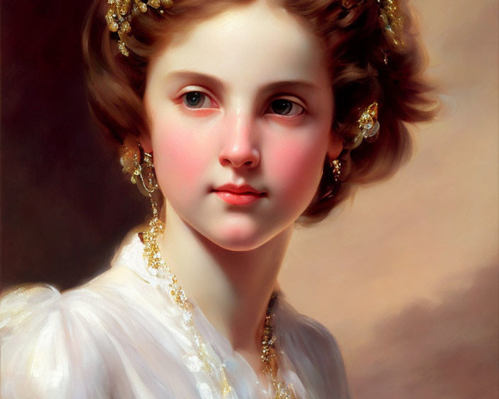 Portrait of young girl in white dress with gold jewelry
