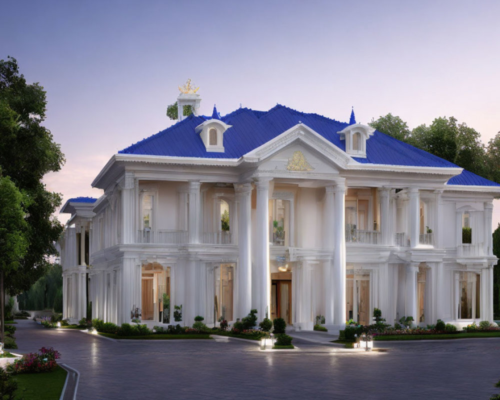 Neoclassical Mansion with White Columns and Blue Roof at Dusk