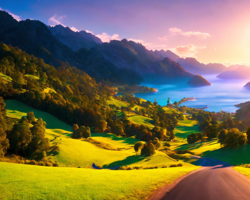Landscape: Winding road through green hills to coast at sunset