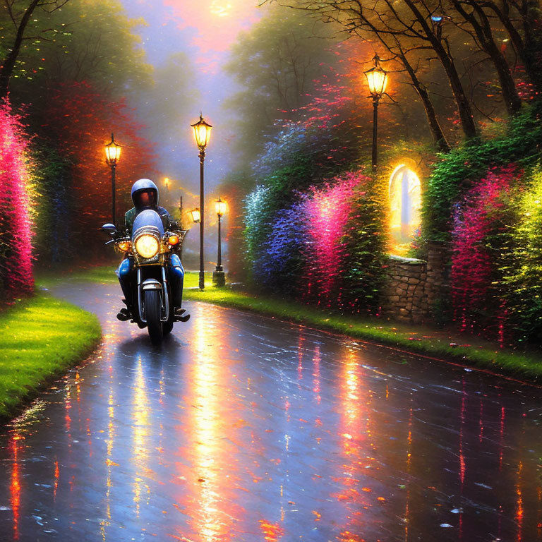 Person on scooter rides down wet, illuminated path surrounded by colorful, light-strung bushes on misty