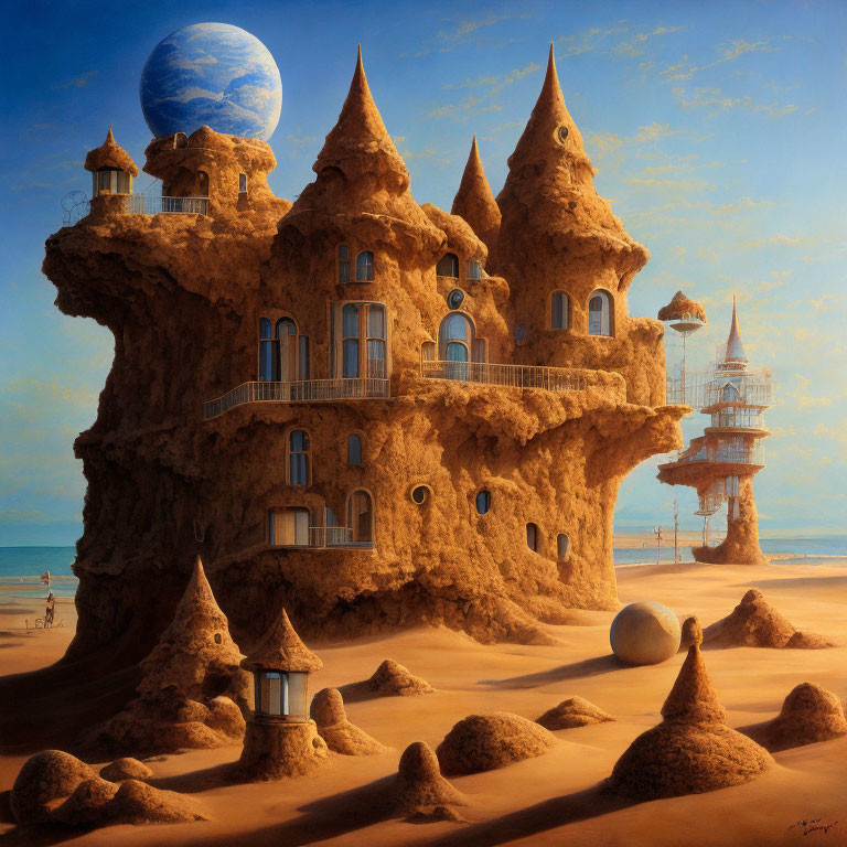 Sandy castle-like structure overlooking beach with Earth-like planet