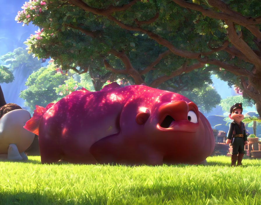 Round red cartoon creature and boy in suit under tree in sunny park
