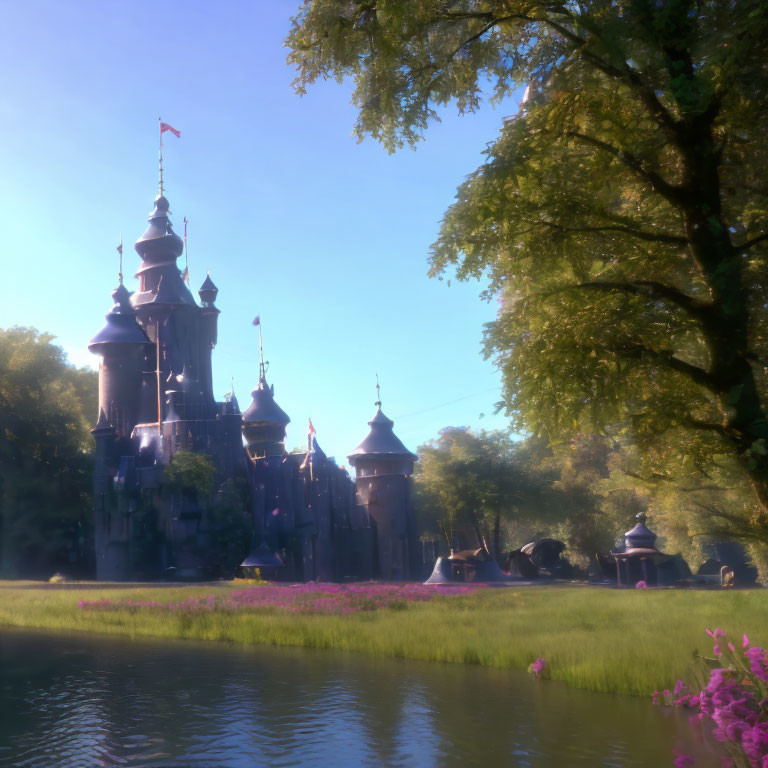 Fairytale castle with spires by serene lake and lush surroundings