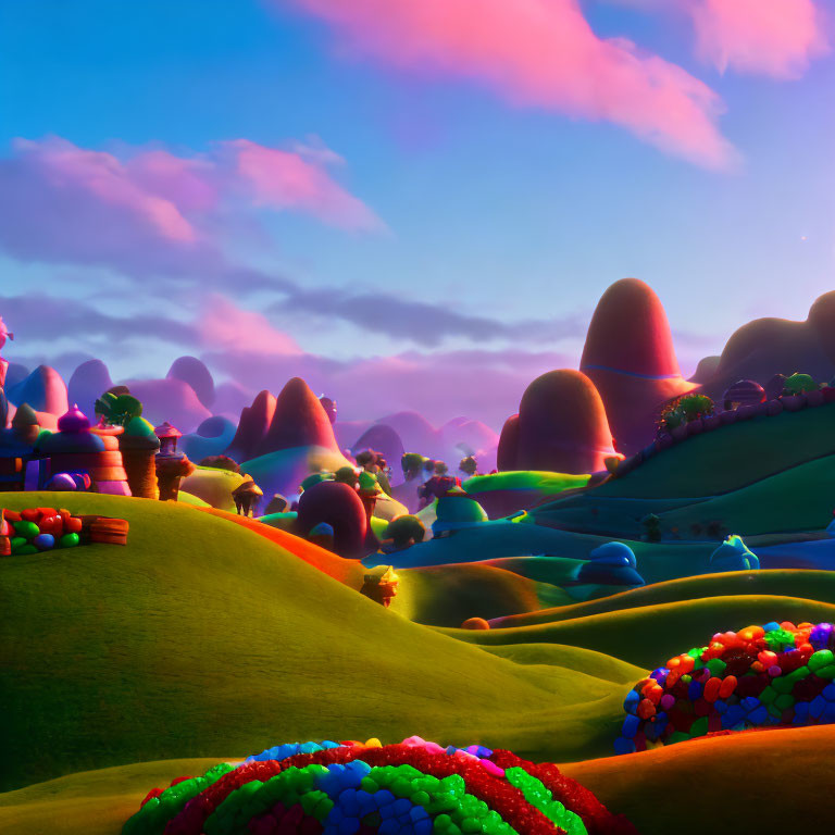 Vibrant landscape with rolling hills and stylized trees at dawn or dusk
