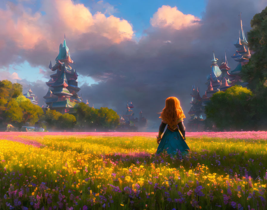 Red-haired girl admires whimsical landscape with colorful flowers and enchanting spires in golden sunlight