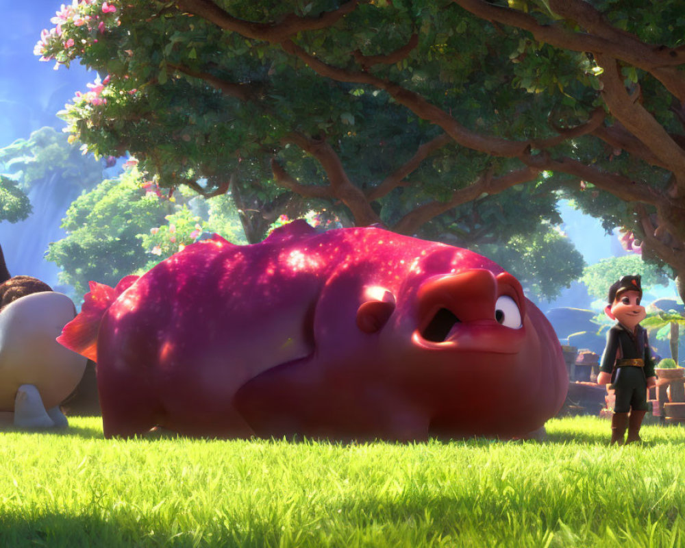 Round red cartoon creature and boy in suit under tree in sunny park