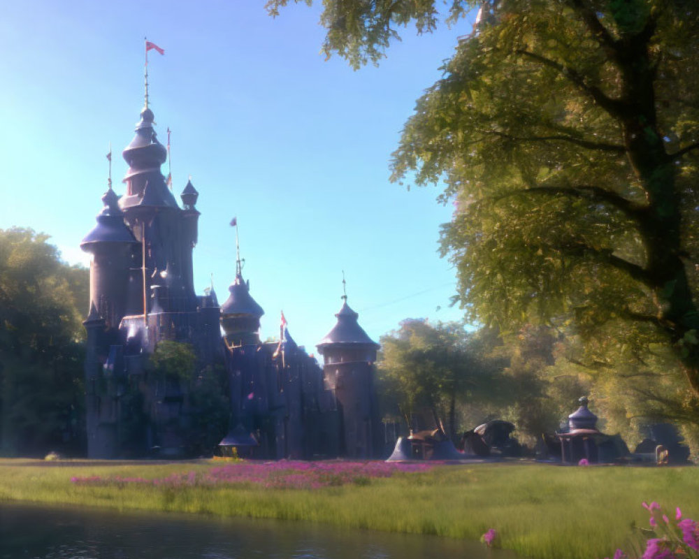 Fairytale castle with spires by serene lake and lush surroundings