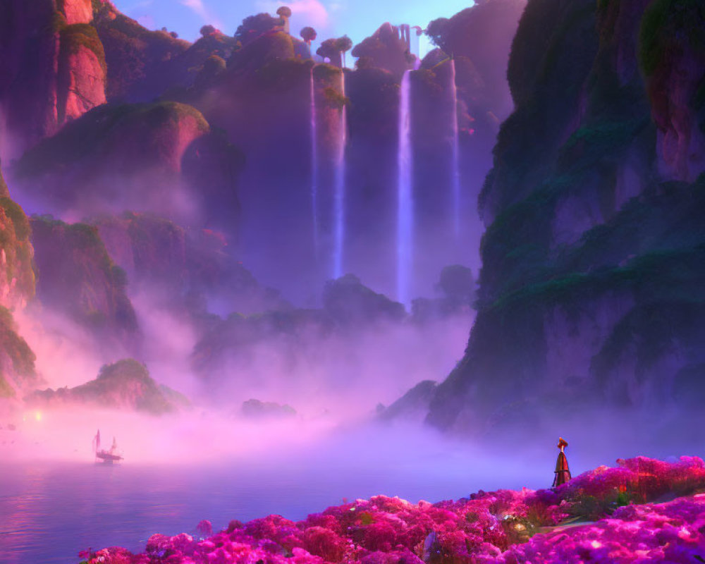 Mystical landscape with purple flowers, waterfalls, cliffs, and a person gazing, boat