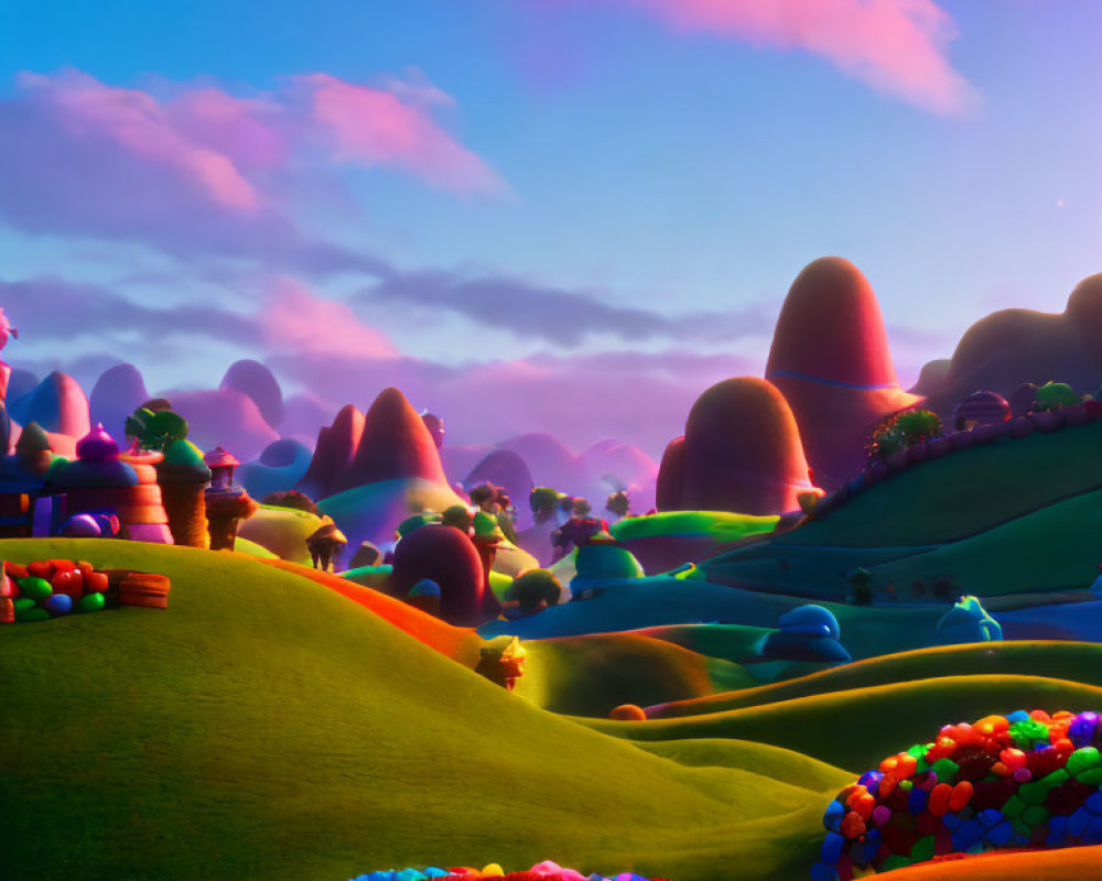 Vibrant landscape with rolling hills and stylized trees at dawn or dusk