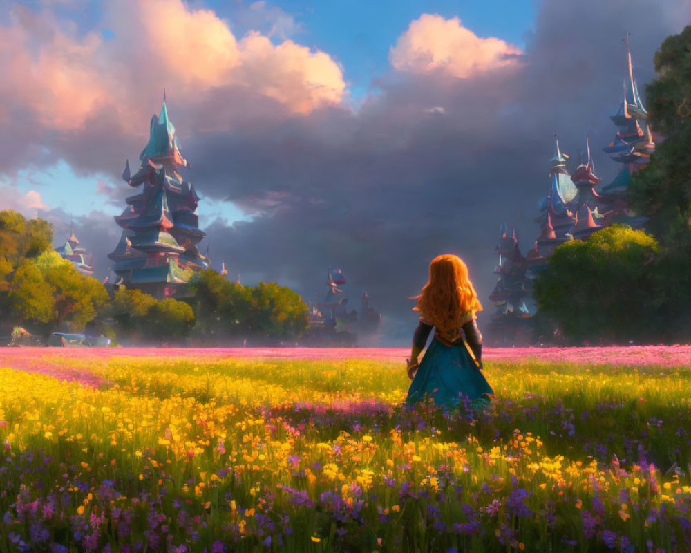 Red-haired girl admires whimsical landscape with colorful flowers and enchanting spires in golden sunlight