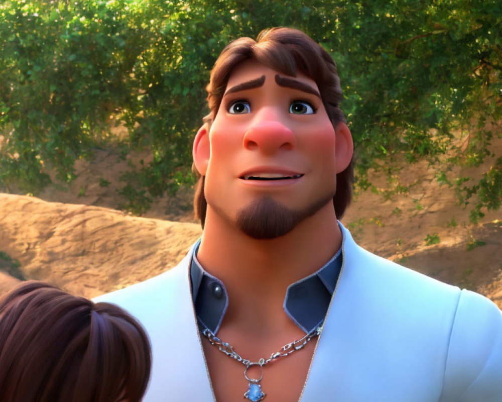 Brown-haired animated character with broad shoulders and goatee smiling warmly, wearing a necklace, set against a