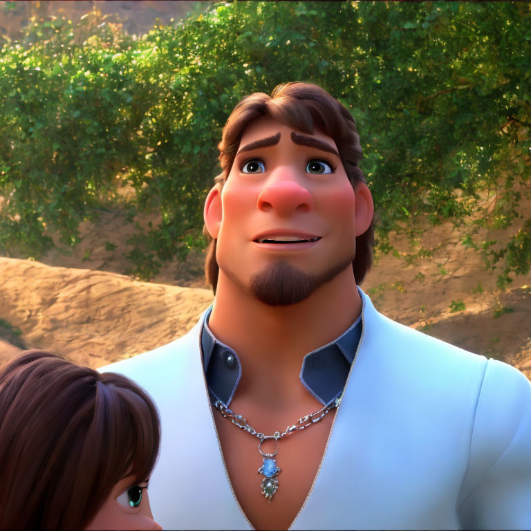 Brown-haired animated character with broad shoulders and goatee smiling warmly, wearing a necklace, set against a