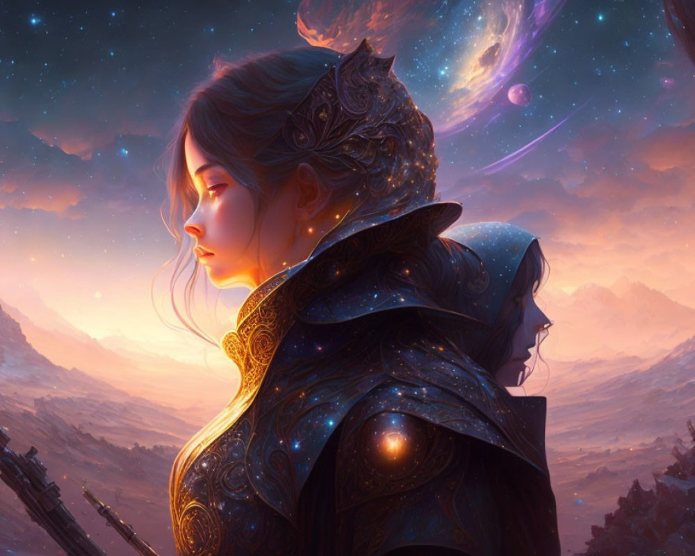 Woman in ornate armor against cosmic backdrop with mountains