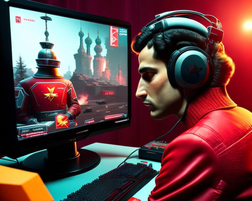 Man in Red Jacket Playing Videogame with Robot on Monitor