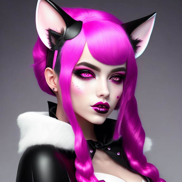 Digital artwork of female character with pink hair, cat ears, dark makeup, and fantasy theme.