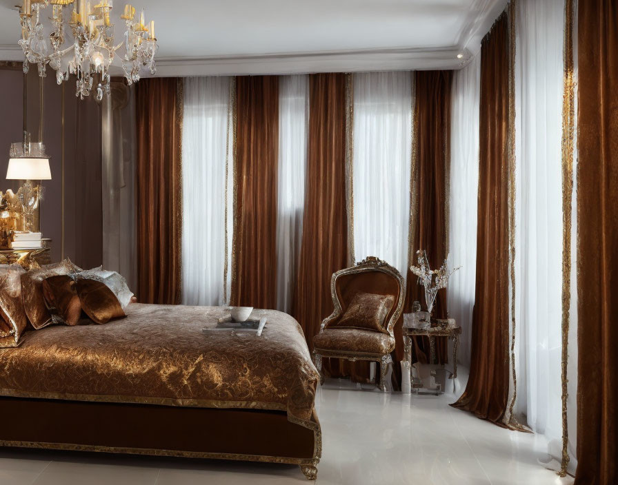Elegant bedroom with large golden-brown bed, chandelier, plush chair, and brown & white