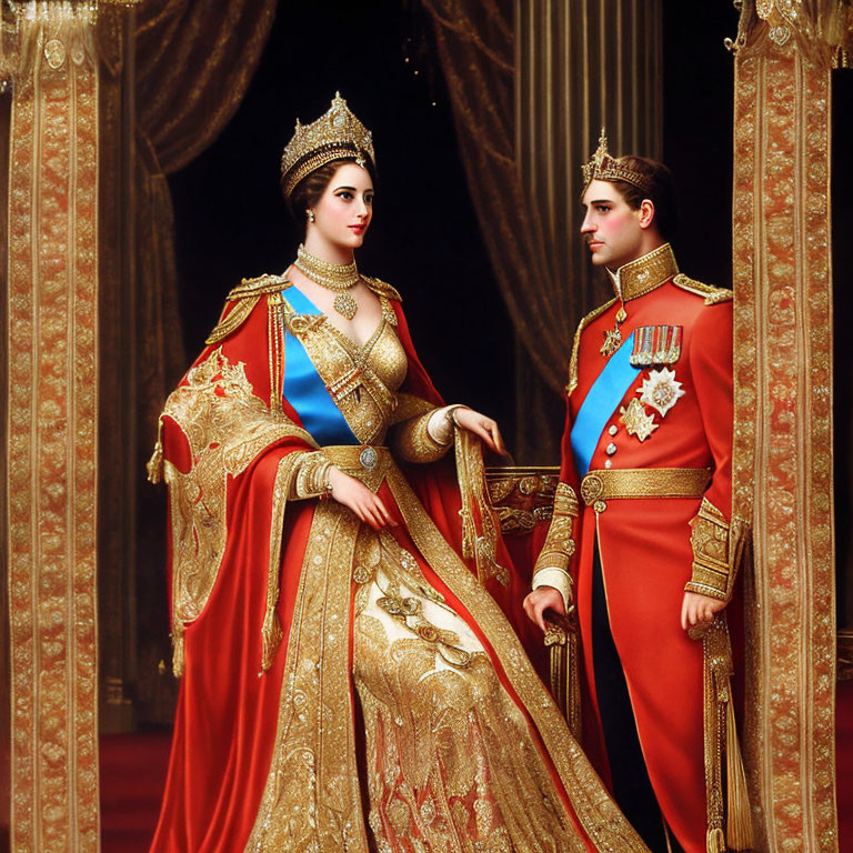 Regal man and woman in ornate dress and crowns in luxurious room